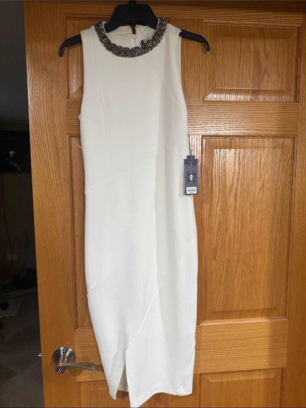 Sleeveless Cream Midi Dress with Embellished Collar
